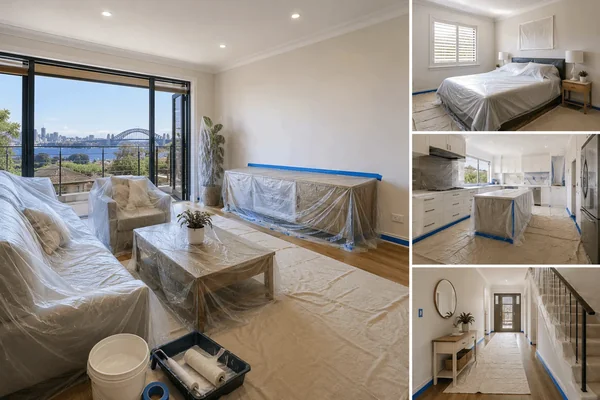 Sydney home with draped furniture preparing for painting works